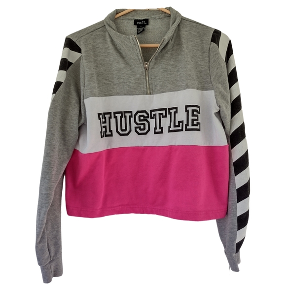 E) Rue21 “HUSTLE” Colorblock Quarter Zip Pullover Sweatshirt – Size L - Picture 1 of 5